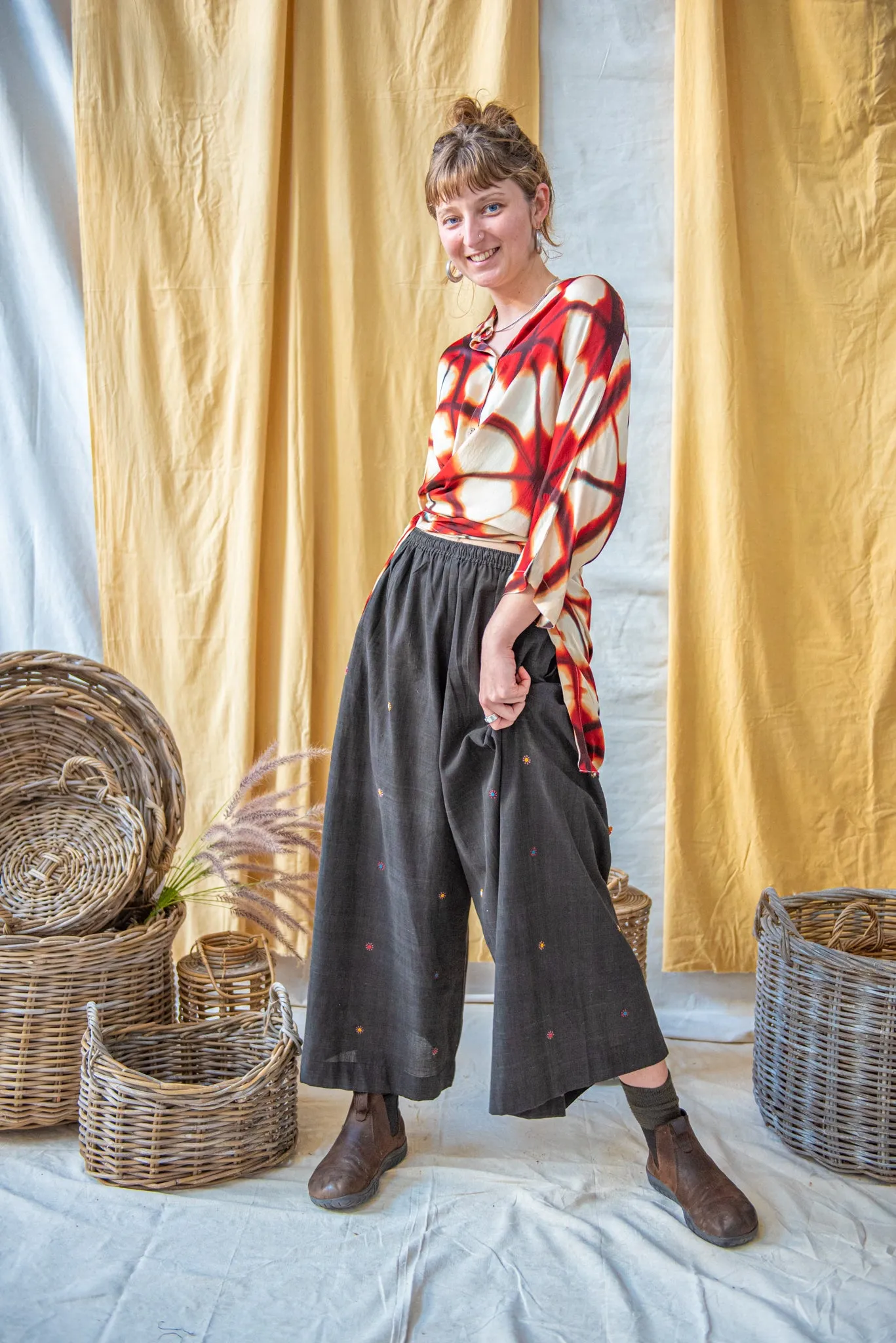 Ajrakh Clamp Dyed Modal Silk Oversized Shirt Fire Red on Natural