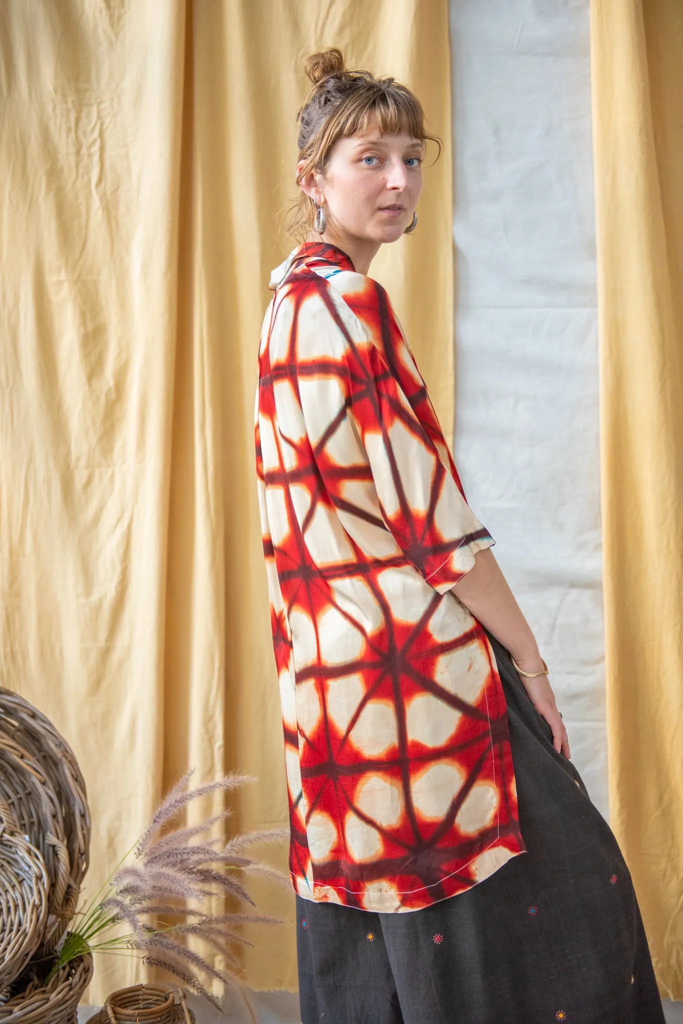 Ajrakh Clamp Dyed Modal Silk Oversized Shirt Fire Red on Natural