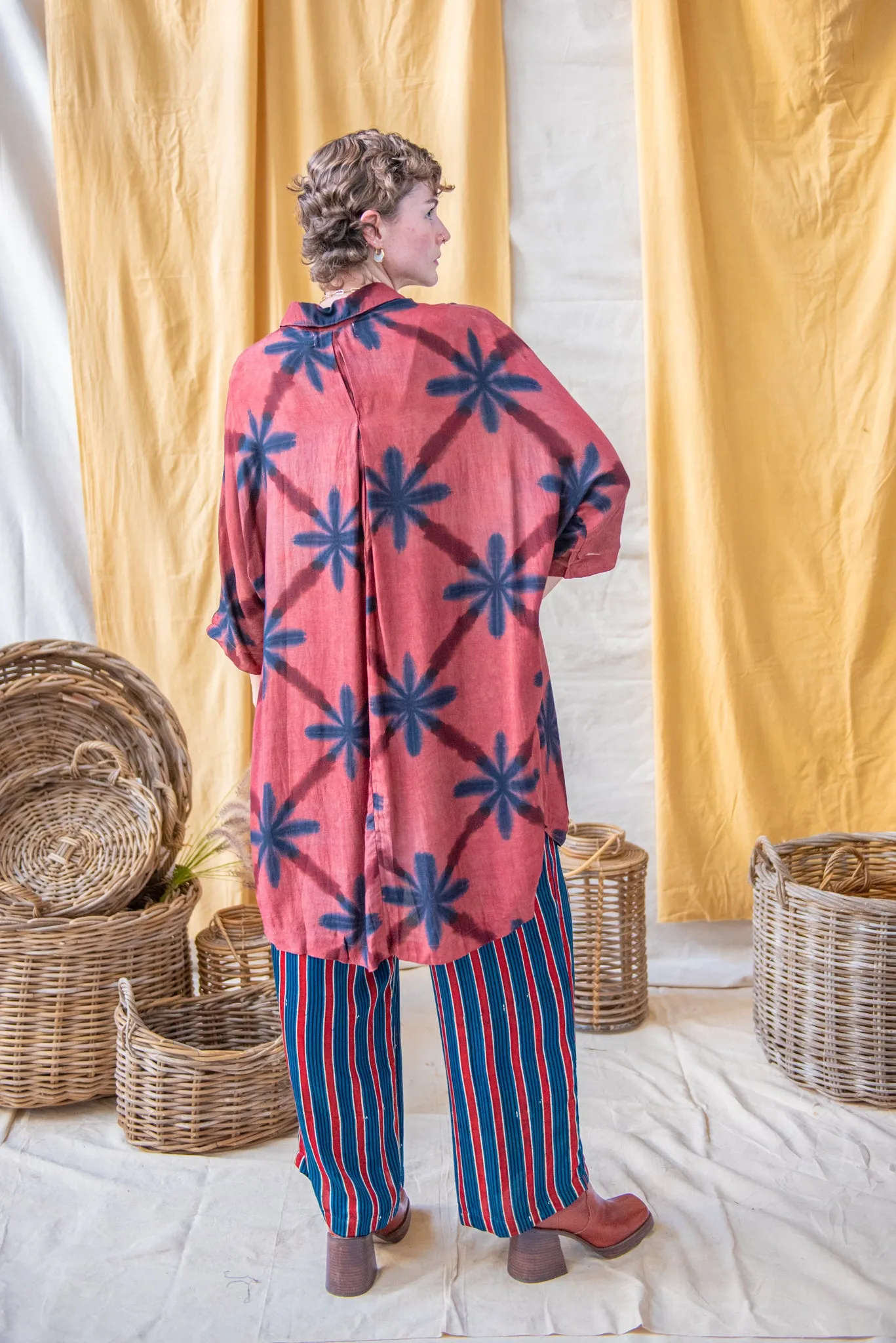 Ajrakh Clamp Dyed Modal Silk Oversized Shirt Indigo Flower on Blush