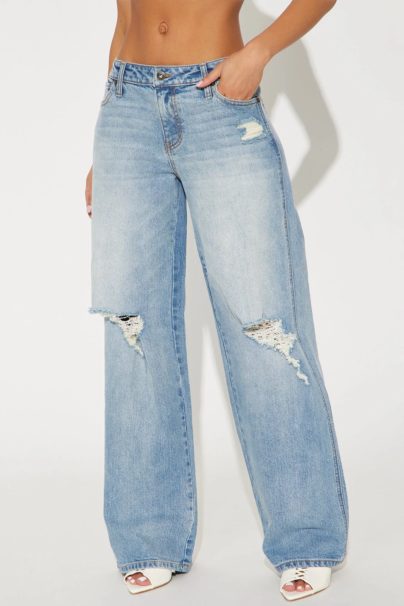 Always So Pressed Stretch Ripped Baggy Jeans - Medium Wash