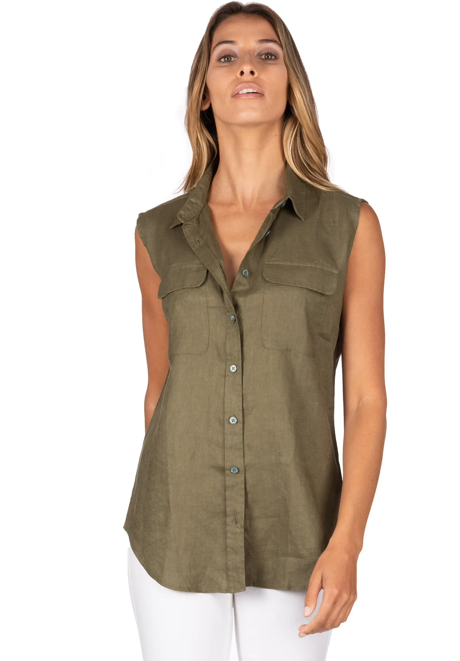 Aura-Linen Army Green SS Linen Shirt