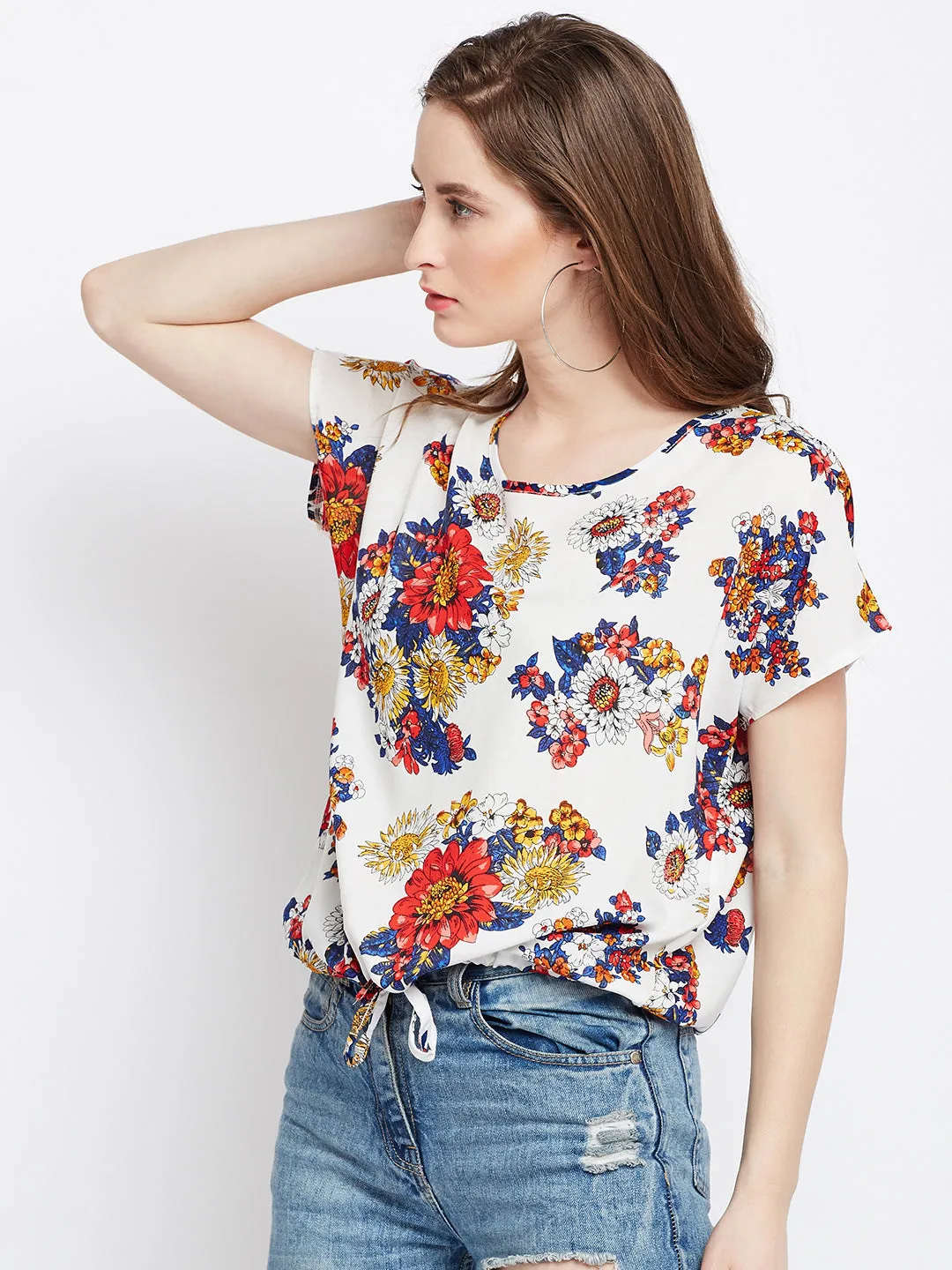 Berrylush Women White & Red Floral Printed Round Neck Waist Tie-Up Regular Top