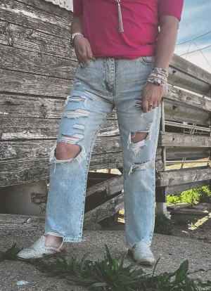 Distressed High Rise Rigid Straight Jeans