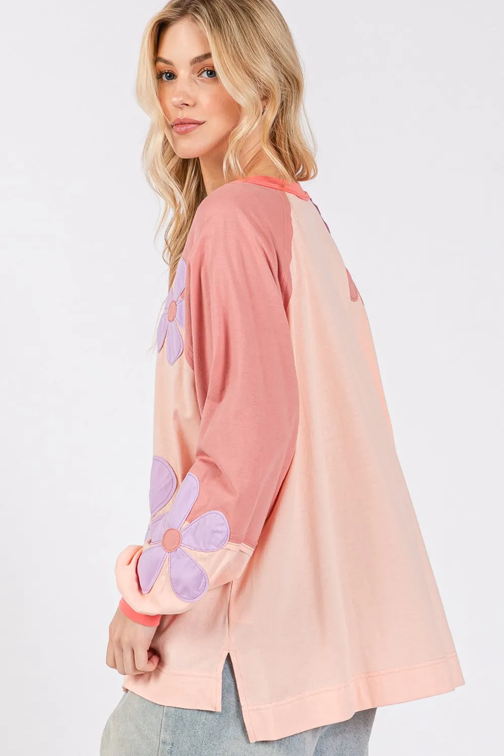 Full Size Daisy Applique Patch Color Block Long Sleeve Top