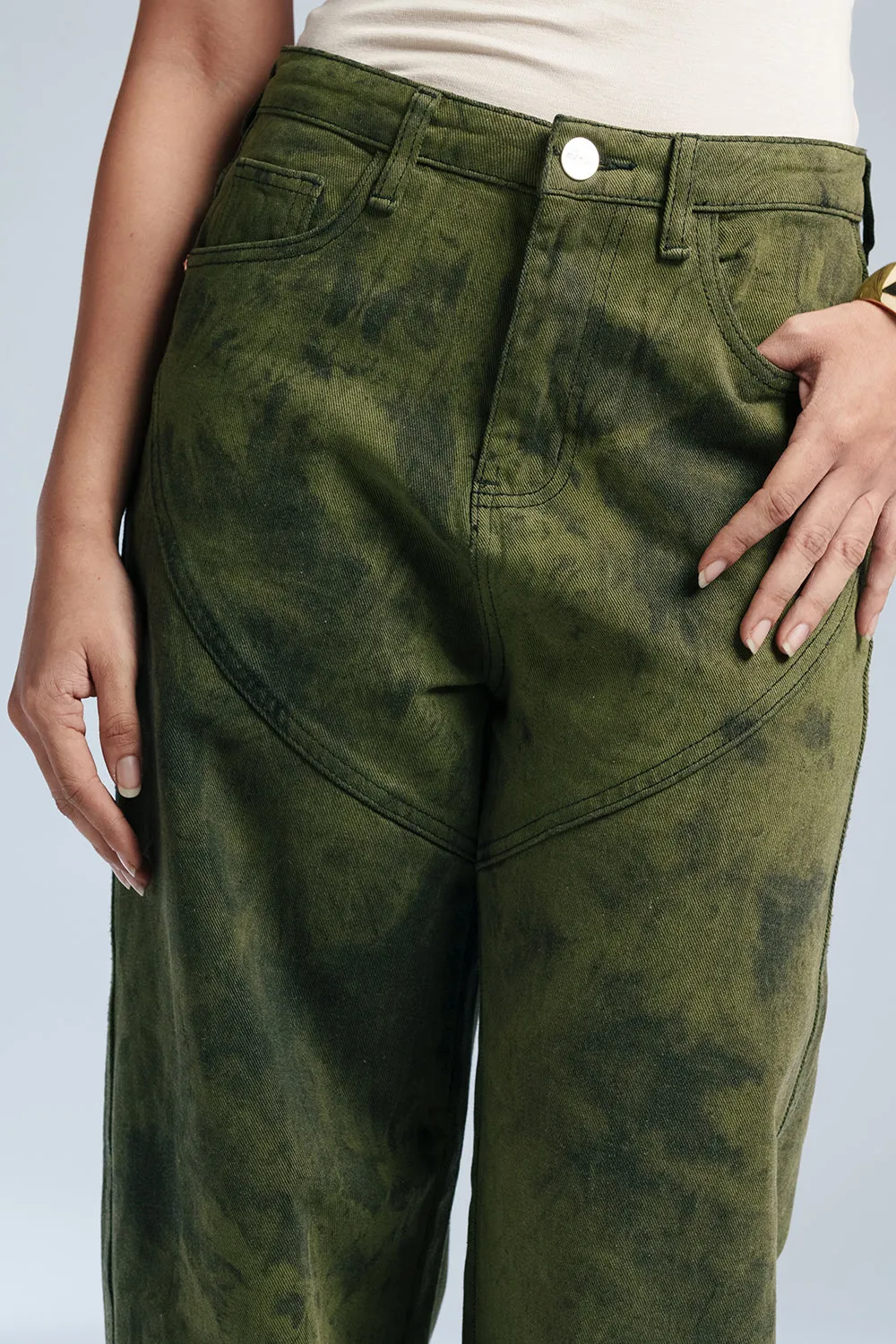 Galactic Olive Panelled Straight Fit Jeans