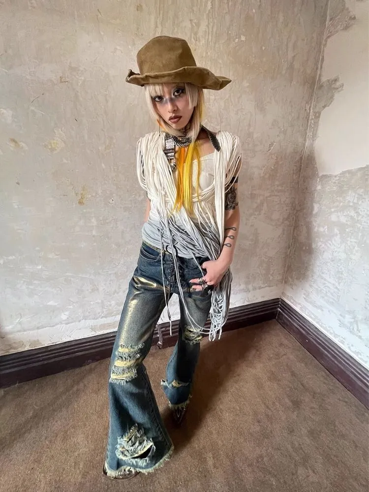 Low Waisted Old Ripped Metal Flare Jeans【s0000004947】