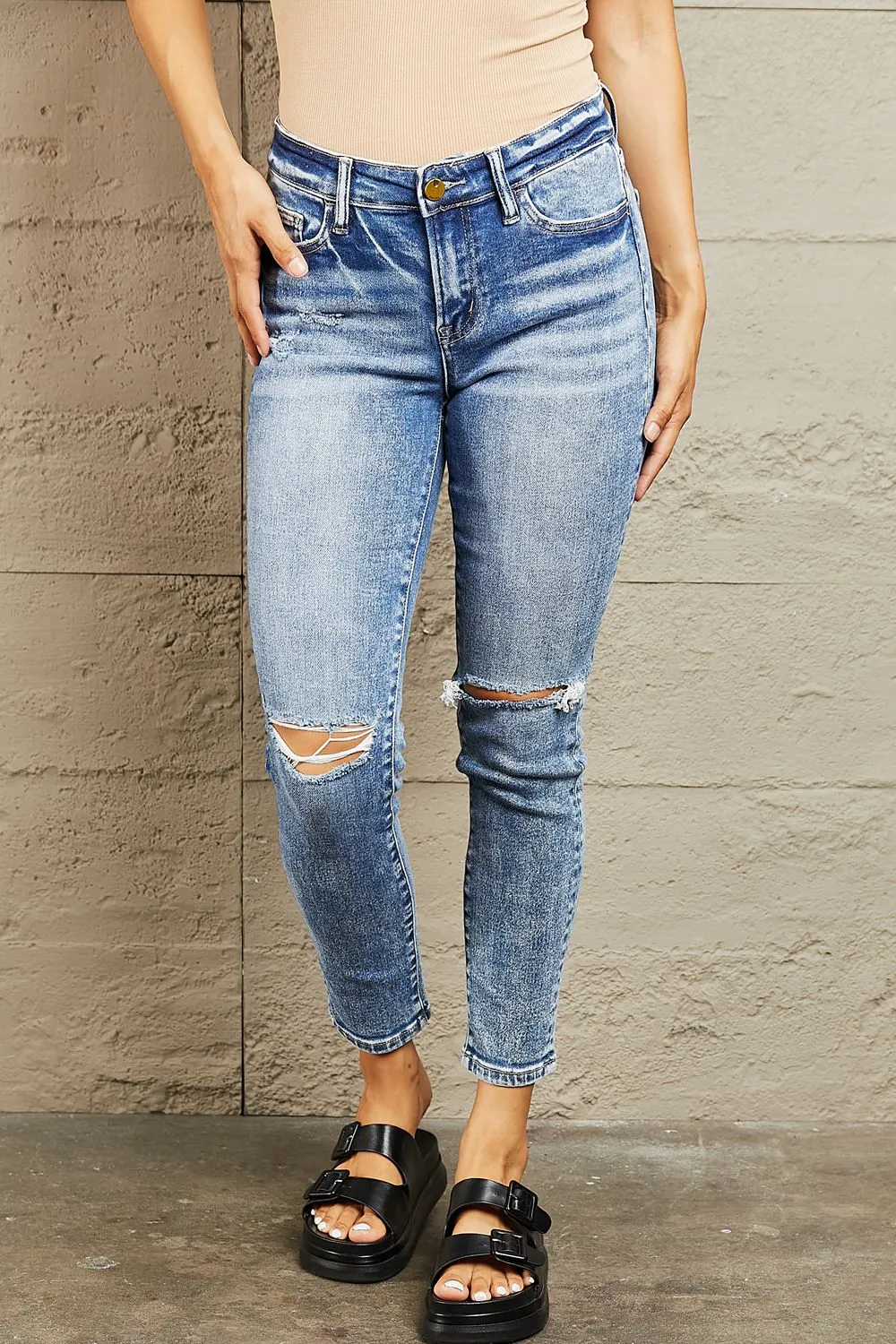 Mid Rise Distressed Skinny Jeans