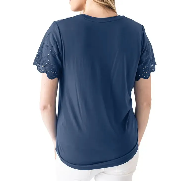Navy Eyelet Sleeve Maternity & Nursing Top