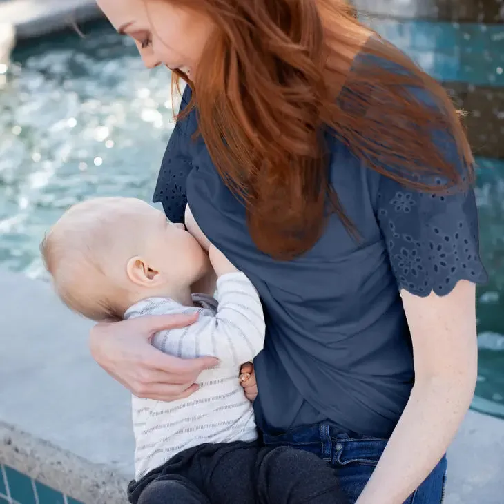 Navy Eyelet Sleeve Maternity & Nursing Top