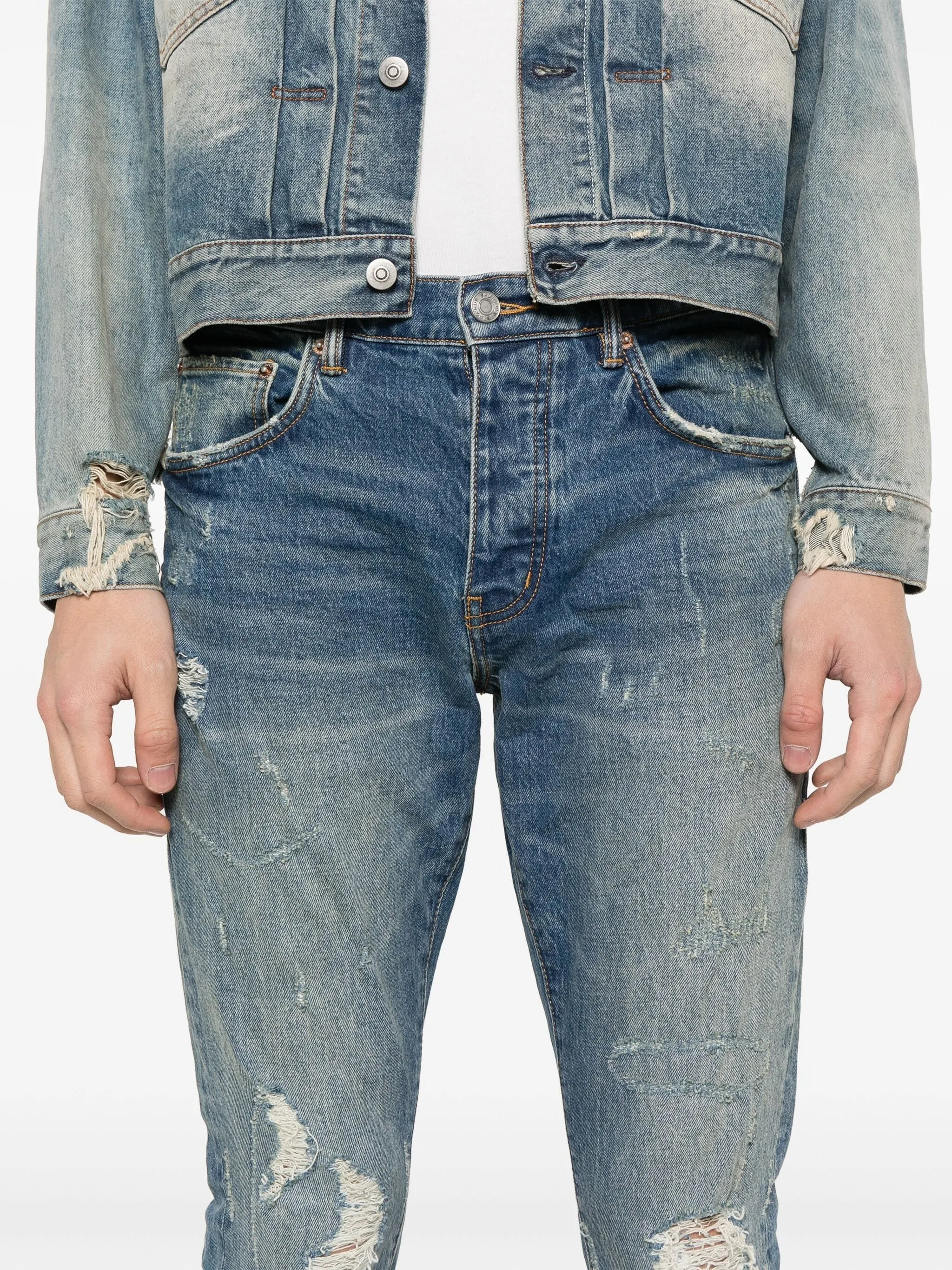 P001 DISTRESSED SLIM-FIT RIPPED DETAILING JEANS