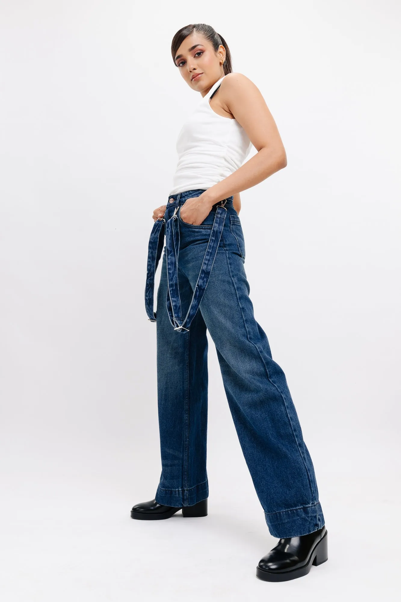 Retro Suspender Straight Fit Denim Jeans