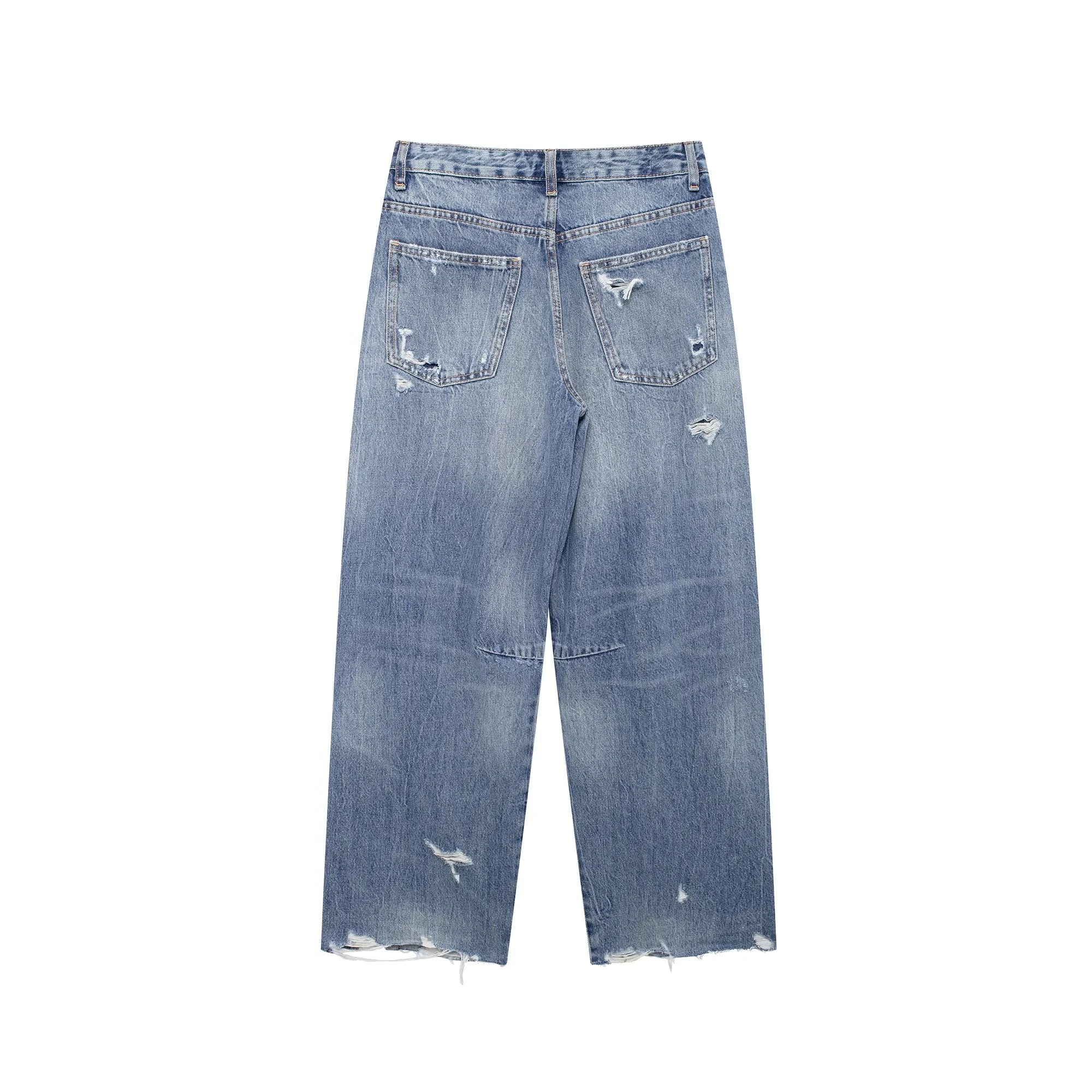 Ripped High Waist Straight Jeans Decoration Loose Design Women Autumn