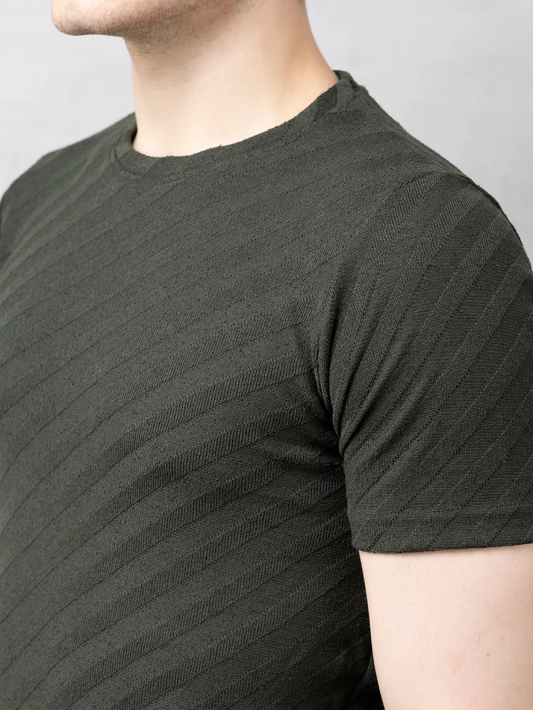 Self-Structured Green Round Neck T-Shirt