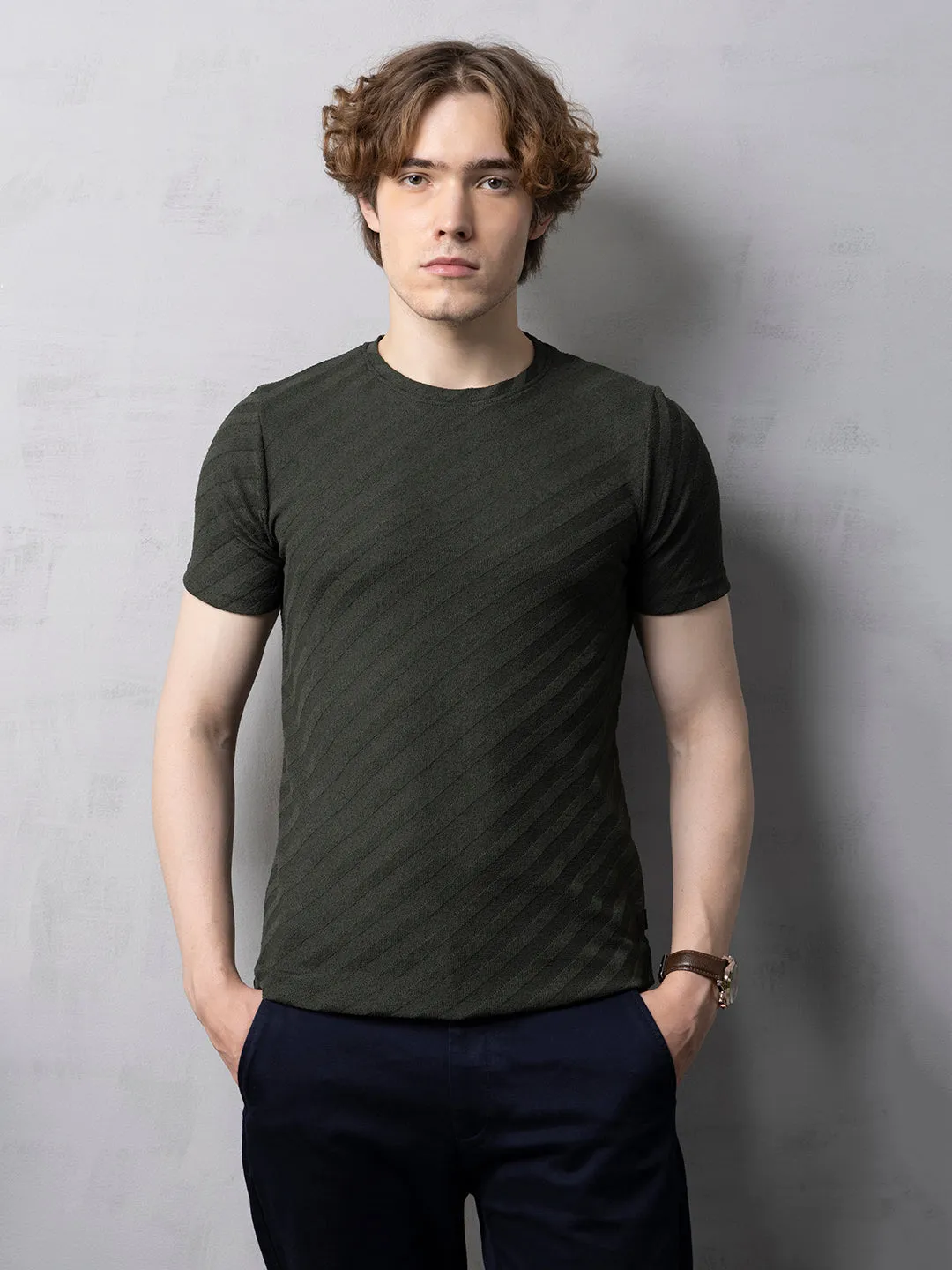 Self-Structured Green Round Neck T-Shirt