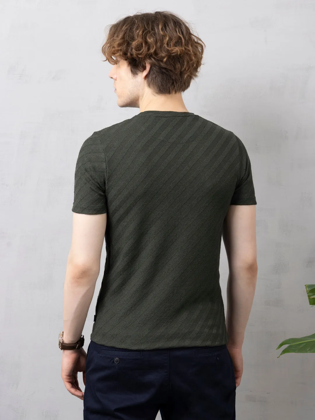 Self-Structured Green Round Neck T-Shirt