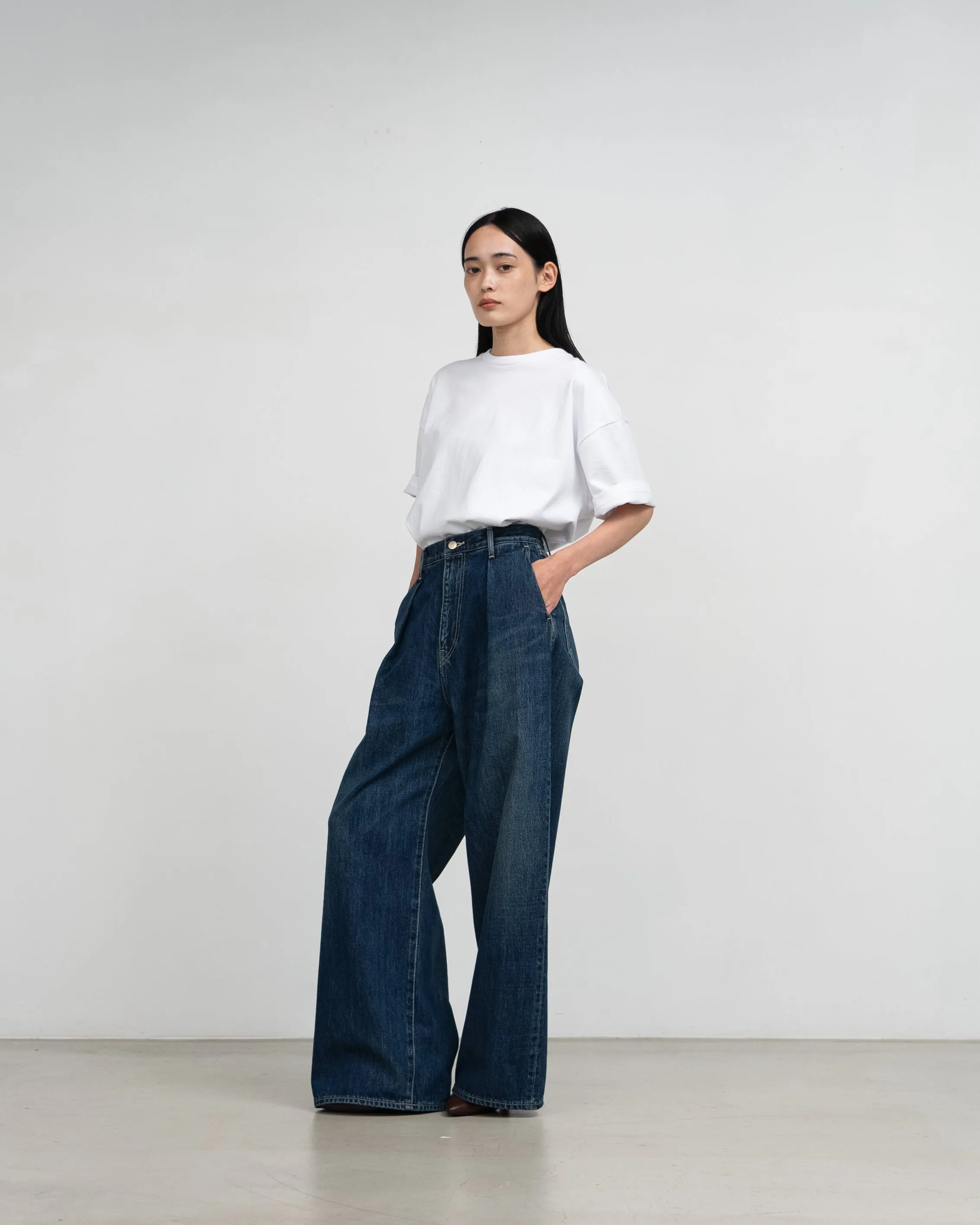 Selvage Denim Two Tuck Wide Pants-DARK FADE-