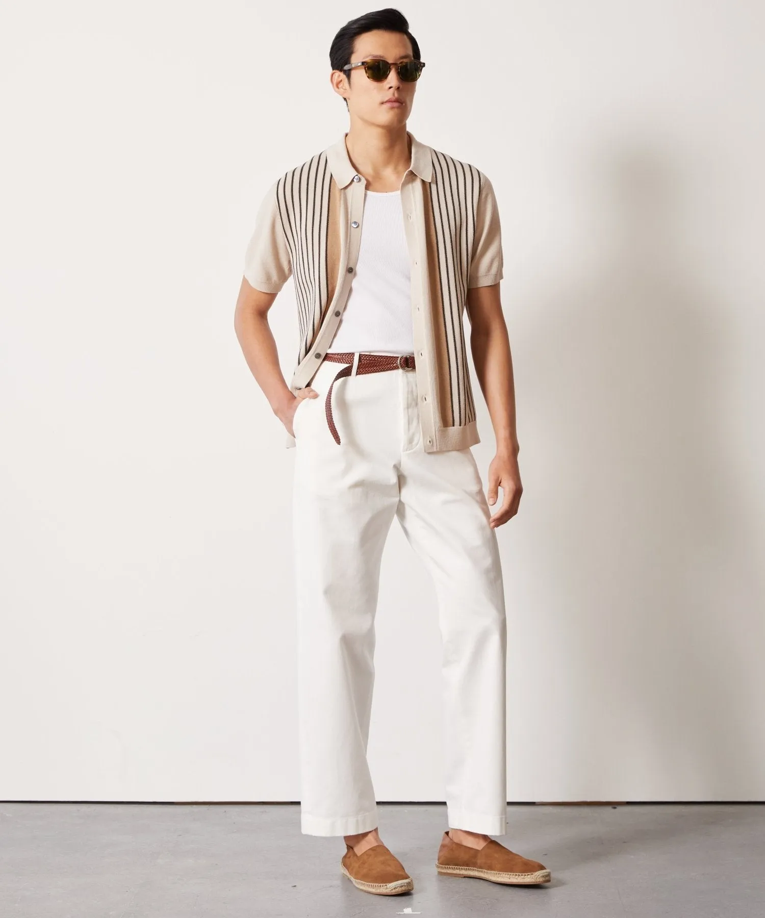 Silk-Cotton Striped Full-Placket Sweater Polo