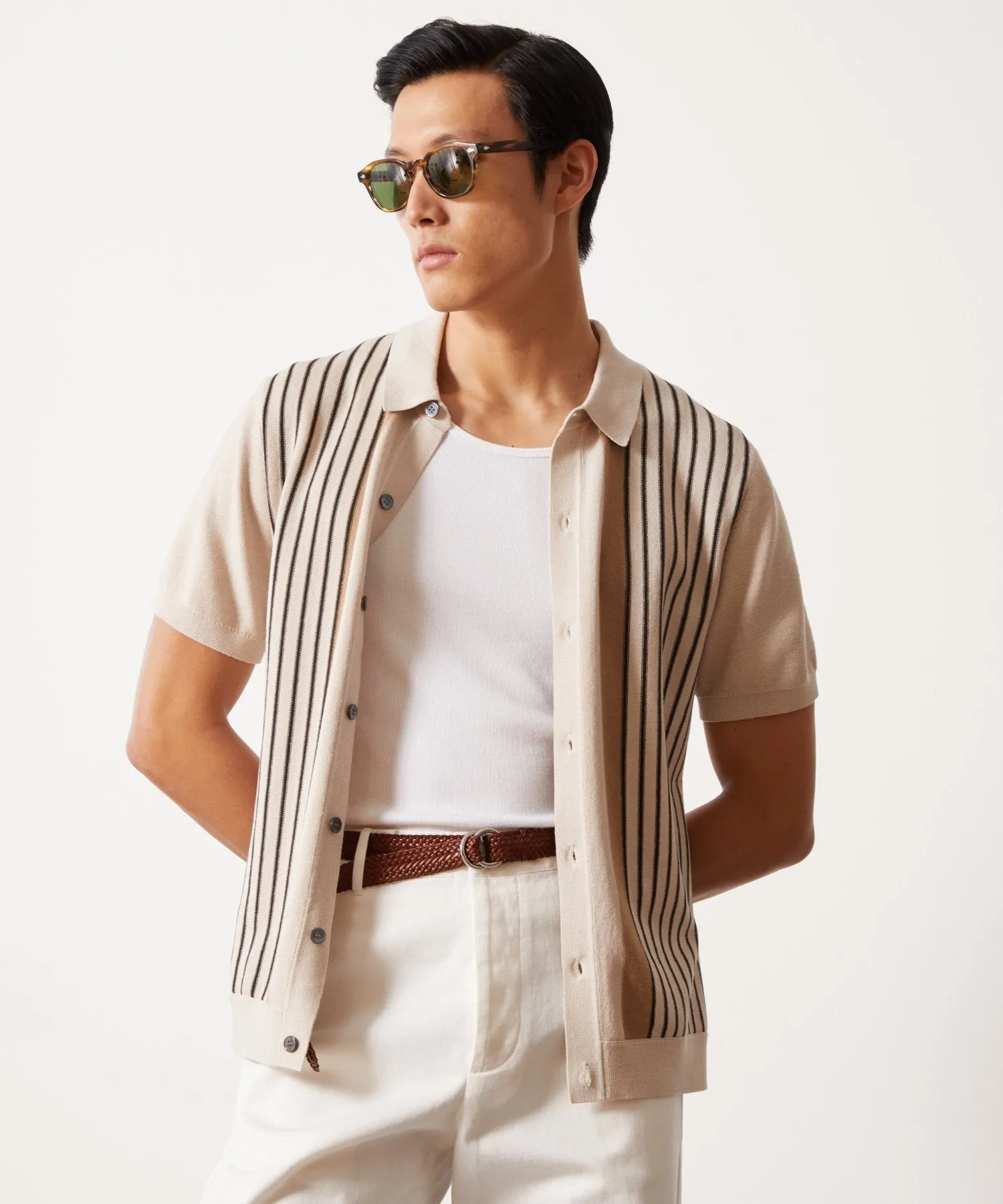 Silk-Cotton Striped Full-Placket Sweater Polo