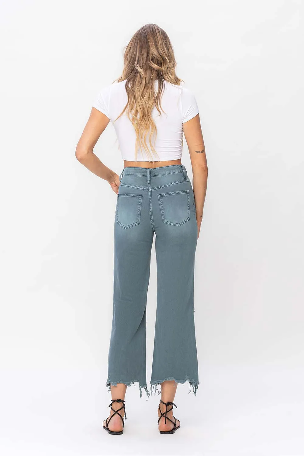 Vervet by Flying Monkey 90's Vintage Super High Rise Crop Deconstructed Flare Jeans In Mallard Green