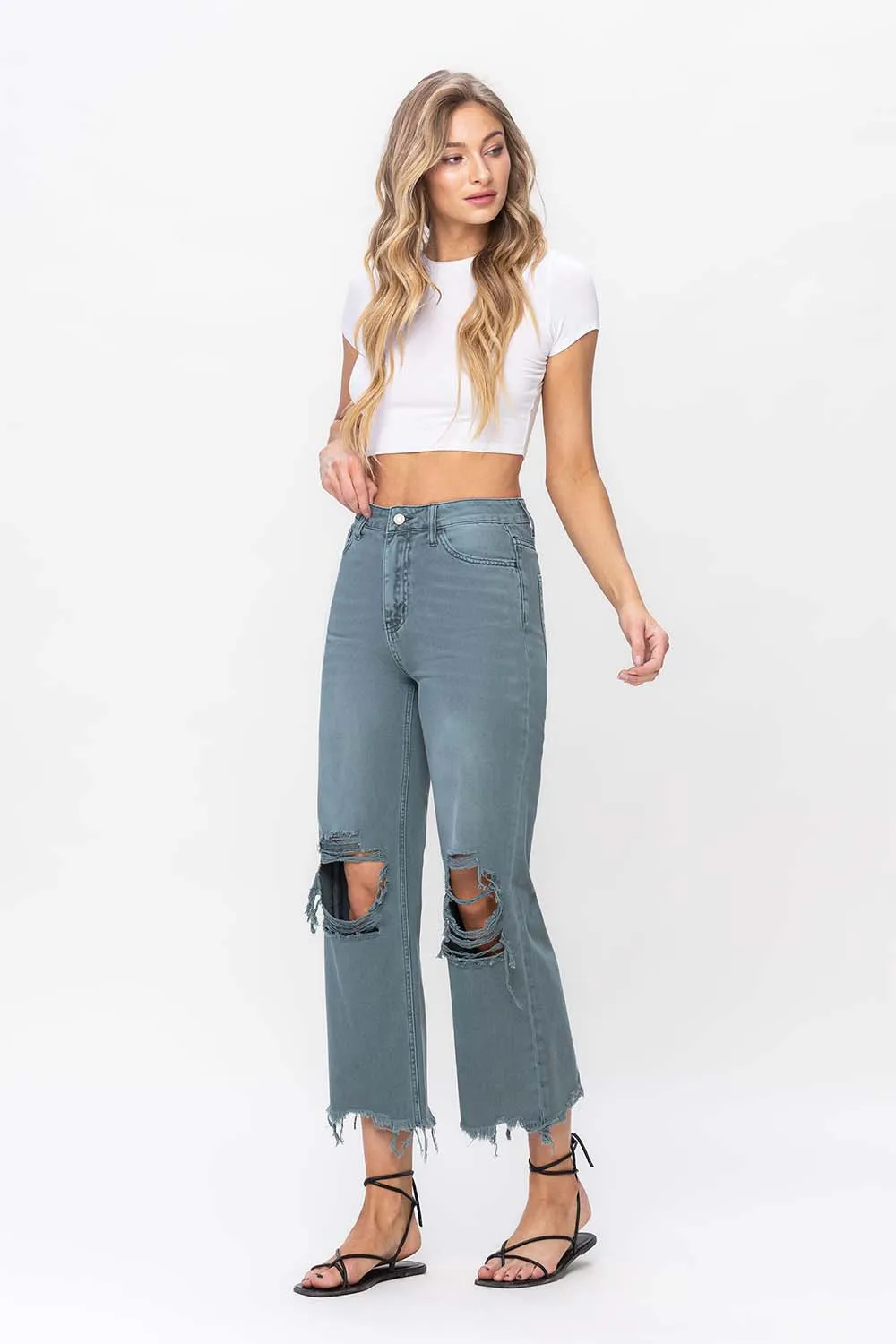 Vervet by Flying Monkey 90's Vintage Super High Rise Crop Deconstructed Flare Jeans In Mallard Green