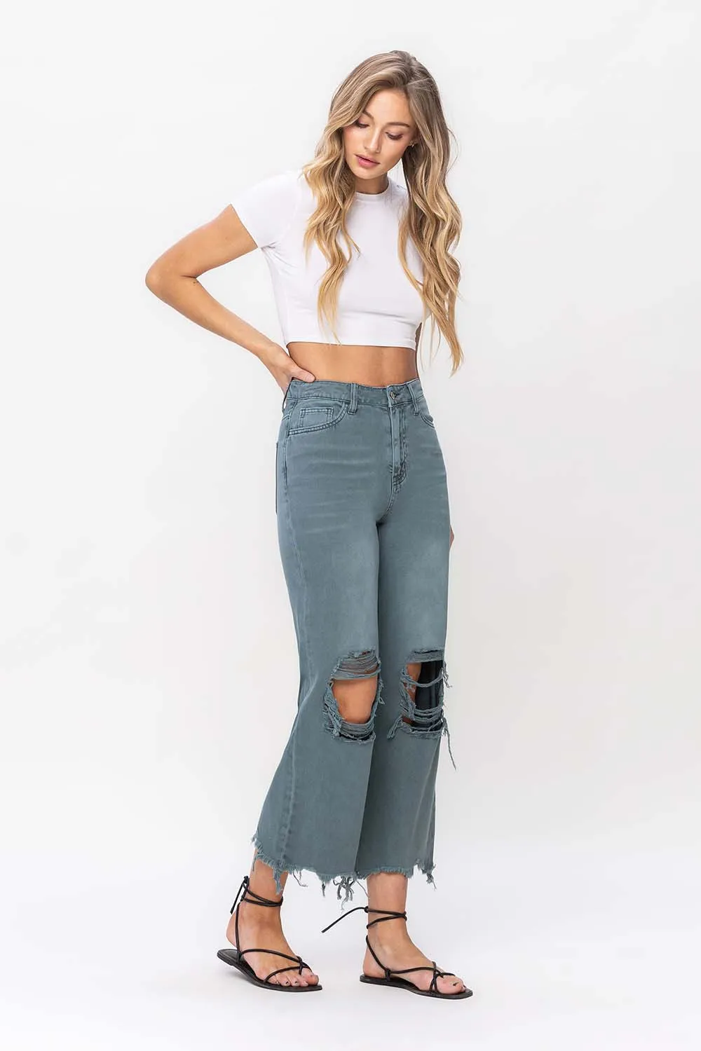 Vervet by Flying Monkey 90's Vintage Super High Rise Crop Deconstructed Flare Jeans In Mallard Green