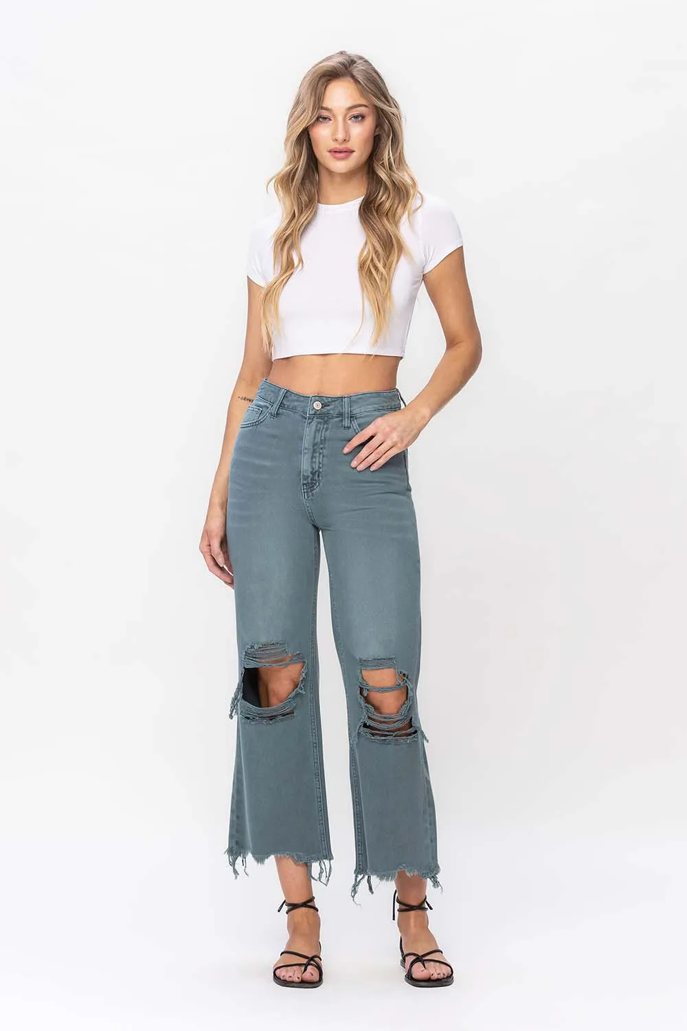 Vervet by Flying Monkey 90's Vintage Super High Rise Crop Deconstructed Flare Jeans In Mallard Green