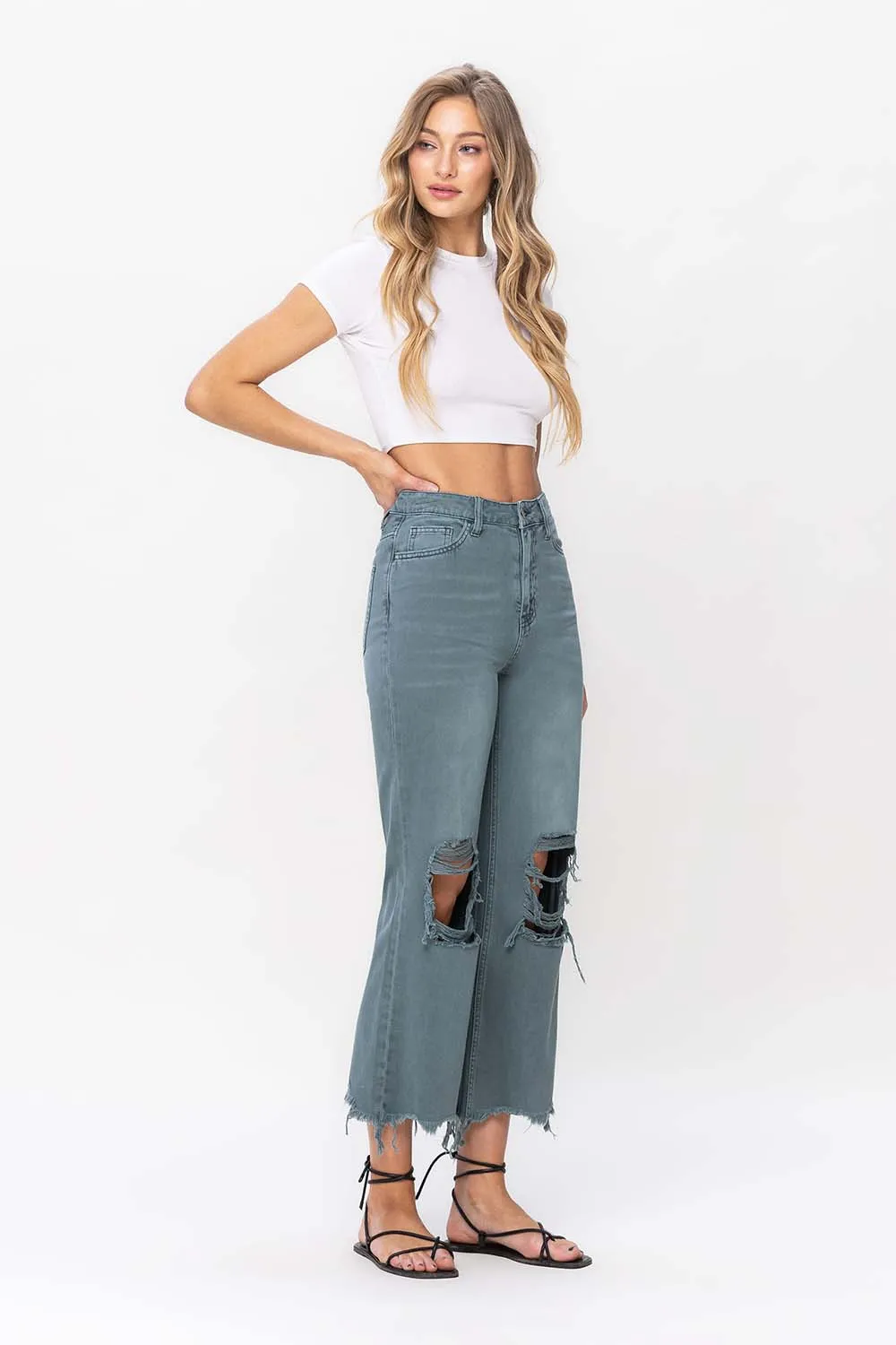 Vervet by Flying Monkey 90's Vintage Super High Rise Crop Deconstructed Flare Jeans In Mallard Green