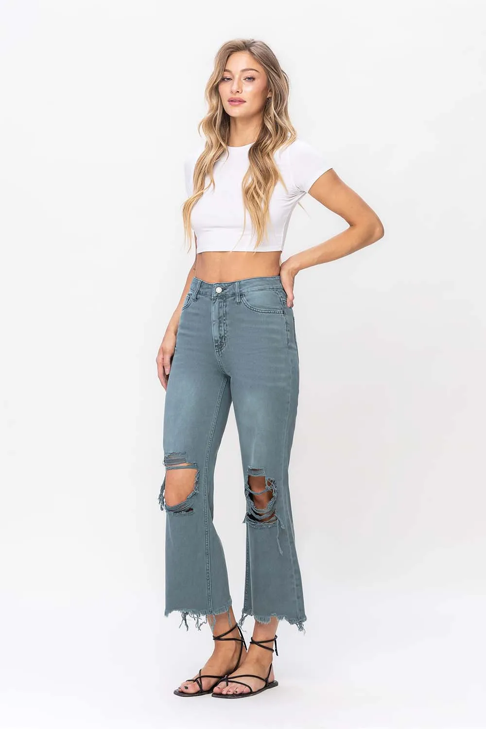 Vervet by Flying Monkey 90's Vintage Super High Rise Crop Deconstructed Flare Jeans In Mallard Green