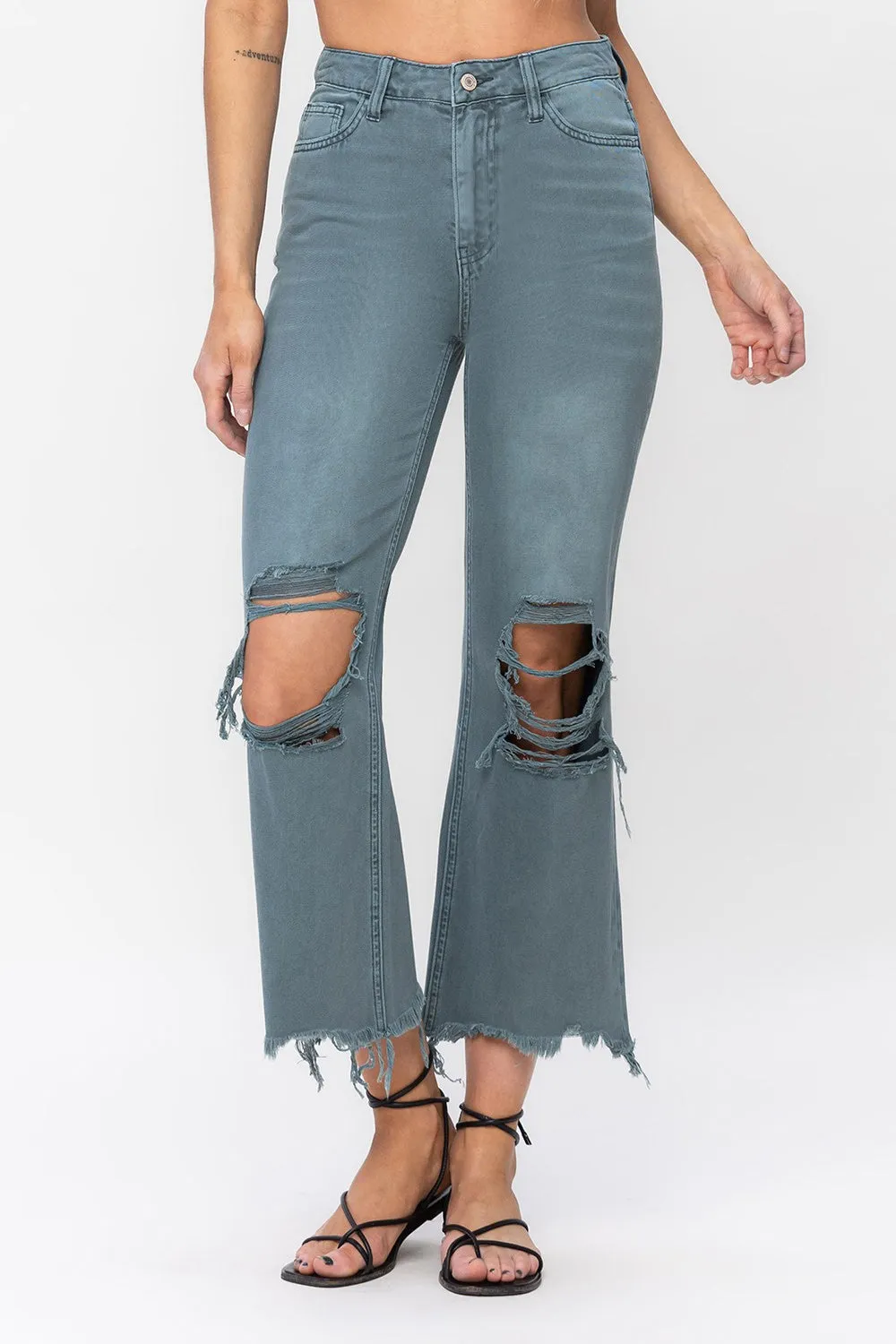 Vervet by Flying Monkey 90's Vintage Super High Rise Crop Deconstructed Flare Jeans In Mallard Green