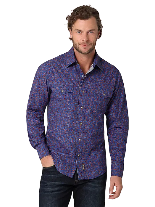 Wrangler Men's Retro Premium Long Sleeve Western Snap Printed Purple Blue Shirt